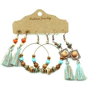 3 Tribal Ethnic Festival Tassel Turquoise Earings